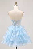 Tiered A Line Sequin Strapless Corset Blue Homecoming Dress