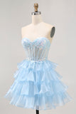 Tiered A Line Sequin Strapless Corset Blue Homecoming Dress
