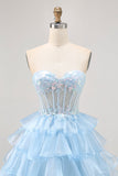 Tiered A Line Sequin Strapless Corset Blue Homecoming Dress