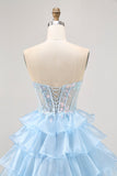 Tiered A Line Sequin Strapless Corset Blue Homecoming Dress