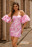 Strapless Pink Floral Bodycon Homecomig Dress With Removable Sleeves