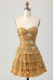 Metallic Golden Cut Out Pleated Tiered Strapless Homecoming Dress