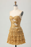 Metallic Golden Cut Out Pleated Tiered Strapless Homecoming Dress