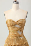 Metallic Golden Cut Out Pleated Tiered Strapless Homecoming Dress