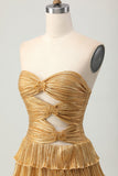 Metallic Golden Cut Out Pleated Tiered Strapless Homecoming Dress
