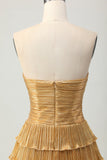 Metallic Golden Cut Out Pleated Tiered Strapless Homecoming Dress