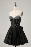 Black A-Line Sweetheart Beaded Homecoming Dress With Bow