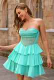 Green A-Line Corset Strapless Homecoming Dress with Beading