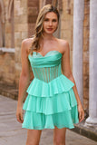Green A-Line Corset Strapless Homecoming Dress with Beading