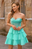 Green A-Line Corset Strapless Homecoming Dress with Beading