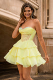 Yellow Strapless Tiered Corset A-Line Homecoming Dress with Beading