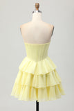 Yellow Strapless Tiered Corset A-Line Homecoming Dress with Beading