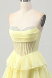 Yellow Strapless Tiered Corset A-Line Homecoming Dress with Beading