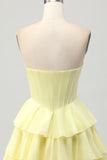 Yellow Strapless Tiered Corset A-Line Homecoming Dress with Beading