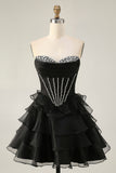 Black Strapless A Line Tiered Corset Homecoming Dress with Beading