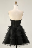 Black Strapless A Line Tiered Corset Homecoming Dress with Beading