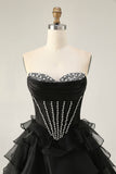 Black Strapless A Line Tiered Corset Homecoming Dress with Beading