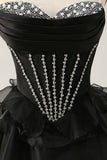 Black Strapless A Line Tiered Corset Homecoming Dress with Beading