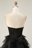 Black Strapless A Line Tiered Corset Homecoming Dress with Beading