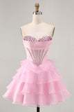 Black Strapless A Line Tiered Corset Homecoming Dress with Beading