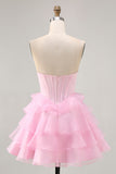 Black Strapless A Line Tiered Corset Homecoming Dress with Beading