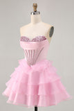 Black Strapless A Line Tiered Corset Homecoming Dress with Beading