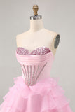 Black Strapless A Line Tiered Corset Homecoming Dress with Beading