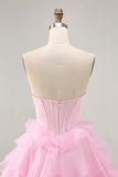Black Strapless A Line Tiered Corset Homecoming Dress with Beading