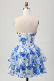 Corset A-Line Sweetheart Tiered White Blue Floral Homecoming Dress