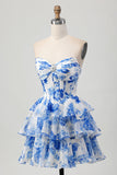 Corset A-Line Sweetheart Tiered White Blue Floral Homecoming Dress