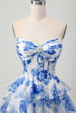 Corset A-Line Sweetheart Tiered White Blue Floral Homecoming Dress