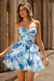 Floral Fuchsia Corset Strapless A-Line Homecoming Dress With Ruffles