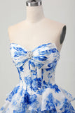 Corset A-Line Sweetheart Tiered White Blue Floral Homecoming Dress