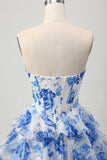 Corset A-Line Sweetheart Tiered White Blue Floral Homecoming Dress