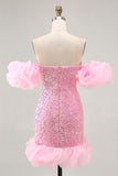 Pink Sequin Bodycon Homecoming Dress With Detachable Sleeves