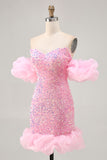 Pink Sequin Bodycon Homecoming Dress With Detachable Sleeves