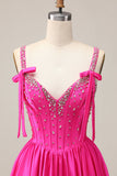 Fuchsia Satin Corset A Line Homecoming Dress with Rhinestones