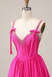 Fuchsia Satin Corset A Line Homecoming Dress with Rhinestones