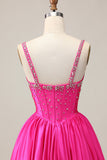 Fuchsia Satin Corset A Line Homecoming Dress with Rhinestones