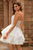 Satin Strapless Corset Rosette A Line White Homecoming Dress