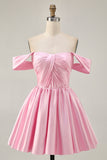 Pink A Line Ruched Off The Shoulder Homecoming Dress