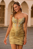 Green Strapless Ruched Bodycon Homecoming Dress with Rhinestones