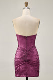 Wine Strapless Ruched Bodycon Homecoming Dress with Rhinestones