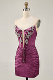 Wine Strapless Ruched Bodycon Homecoming Dress with Rhinestones