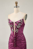 Wine Strapless Ruched Bodycon Homecoming Dress with Rhinestones