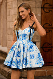 White Fuchsia Flower A-Line Corset Homecoming Dress with Bow