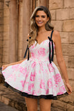Corset A-Line White Fuchsia Flower Homecoming Dress With Bow