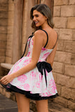 Corset A-Line White Fuchsia Flower Homecoming Dress With Bow