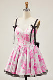 Corset A-Line White Fuchsia Flower Homecoming Dress With Bow