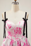 Corset A-Line White Fuchsia Flower Homecoming Dress With Bow